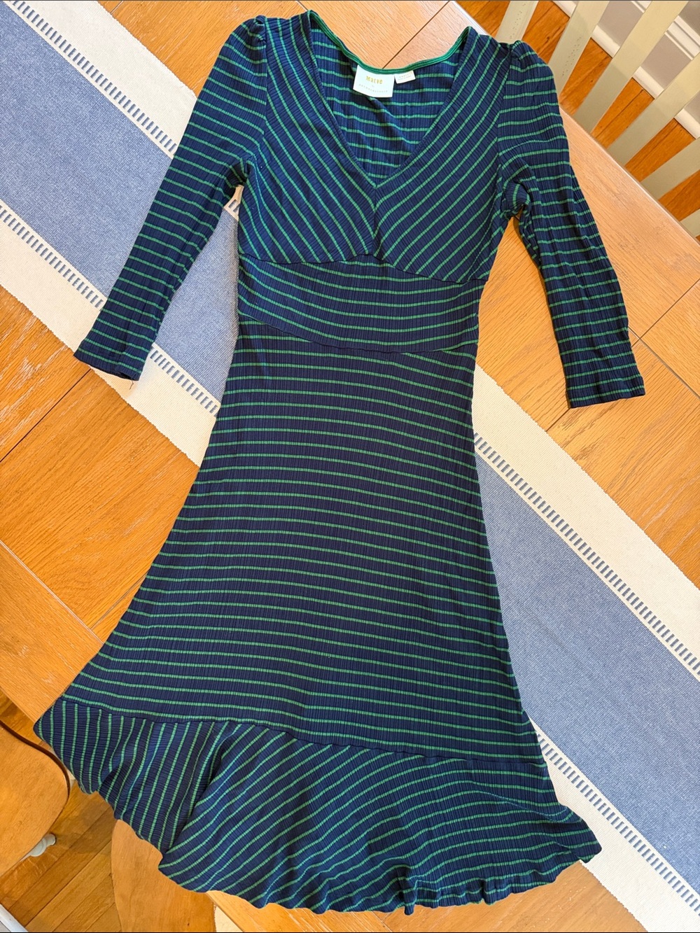 Maeve by Anthropologie Navy with Green Stripe V‑Neck Fit-and-Flare Midi Dress